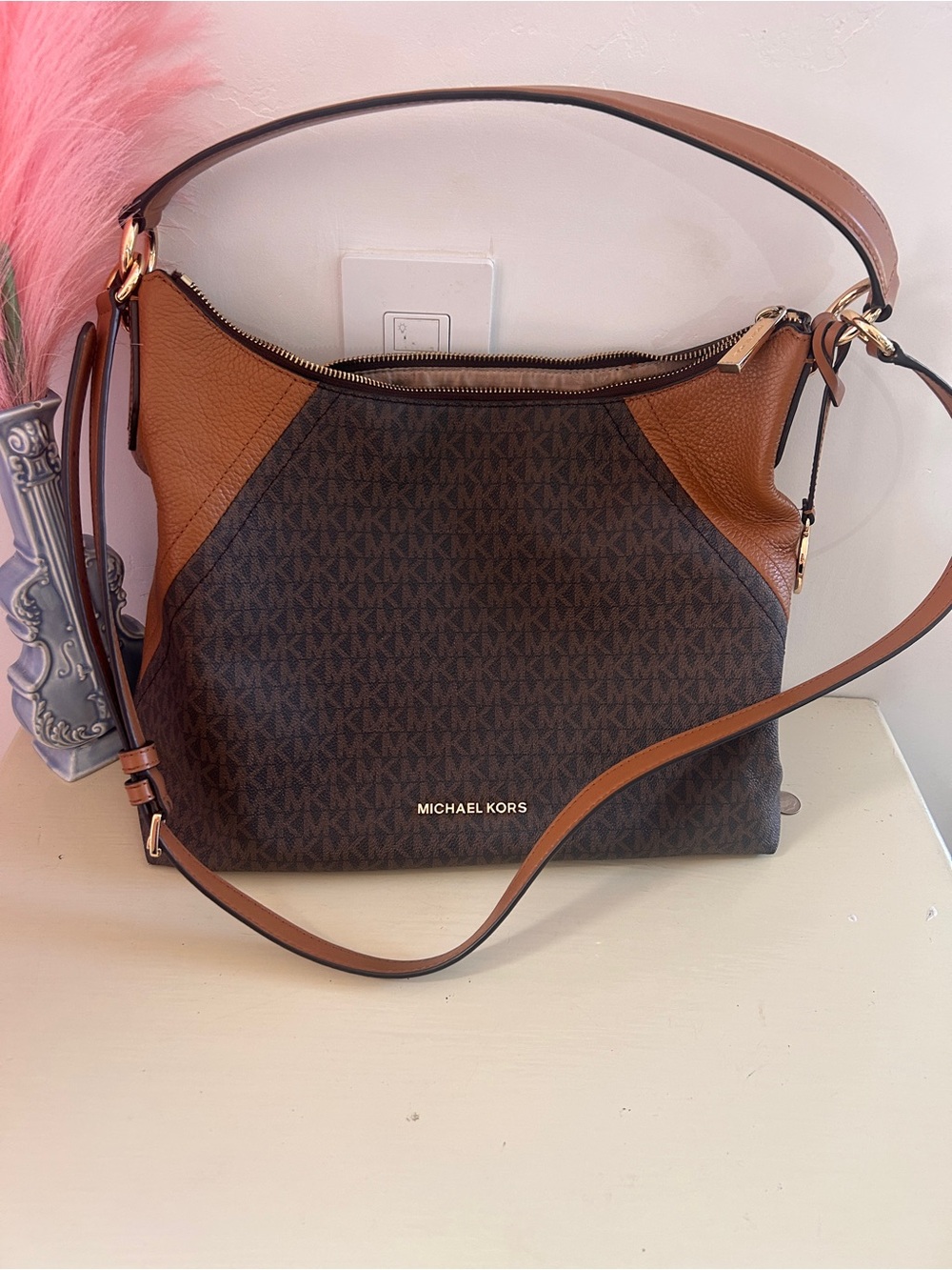 Michael Kors Brown Monogram and Tan Leather Shoulder Bag